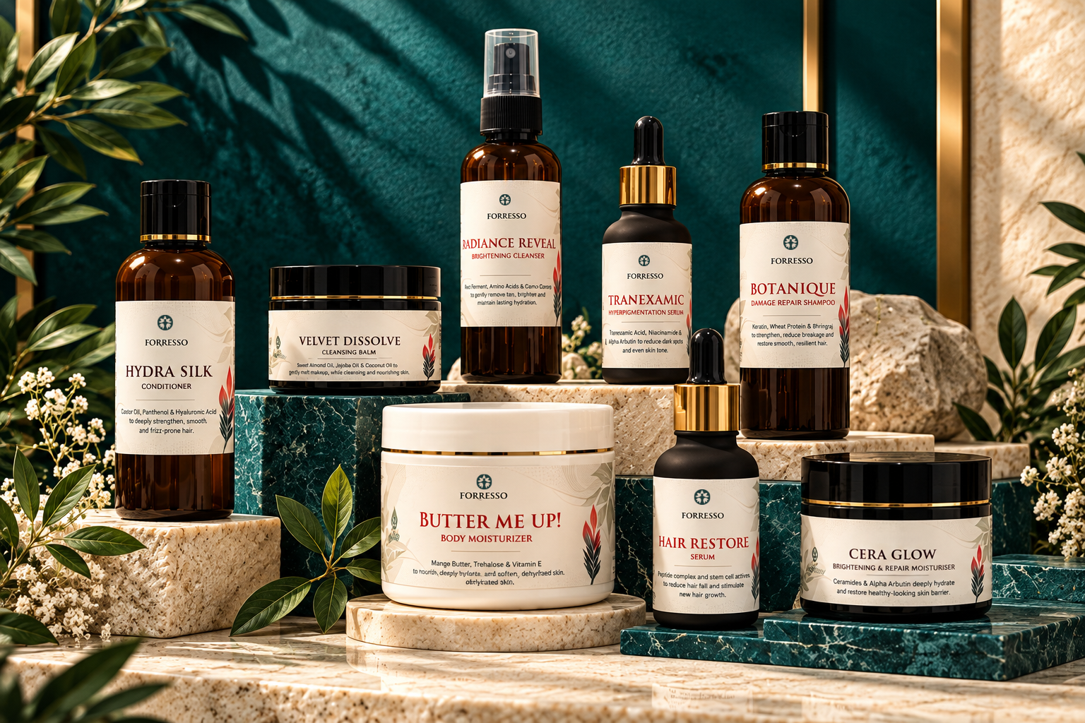 Forresso skincare and haircare range on teal and stone